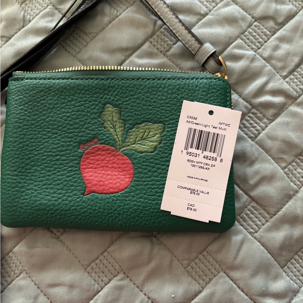 Coach Green Leather Clutch with Radish Motif